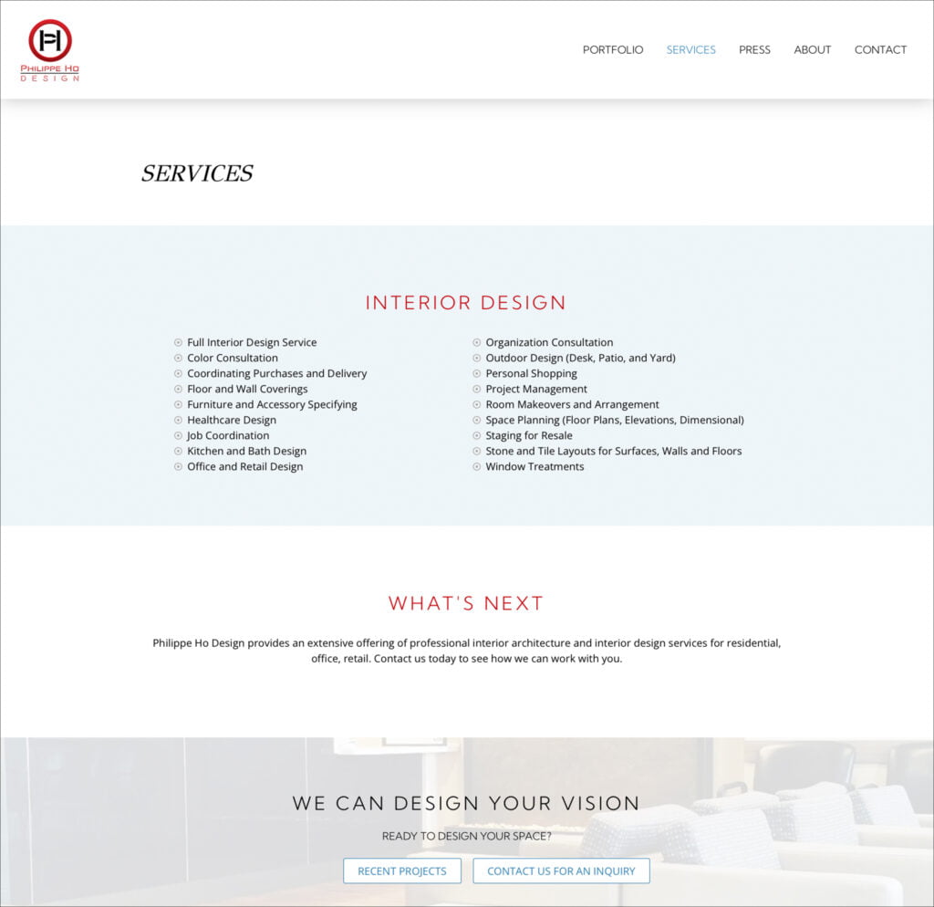 Philippe Ho Services Page Screen